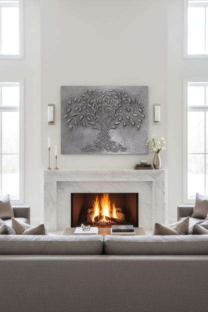 Tree of Life Silver Copper Wall Art Above Modern Fireplace in Contemporary Manor