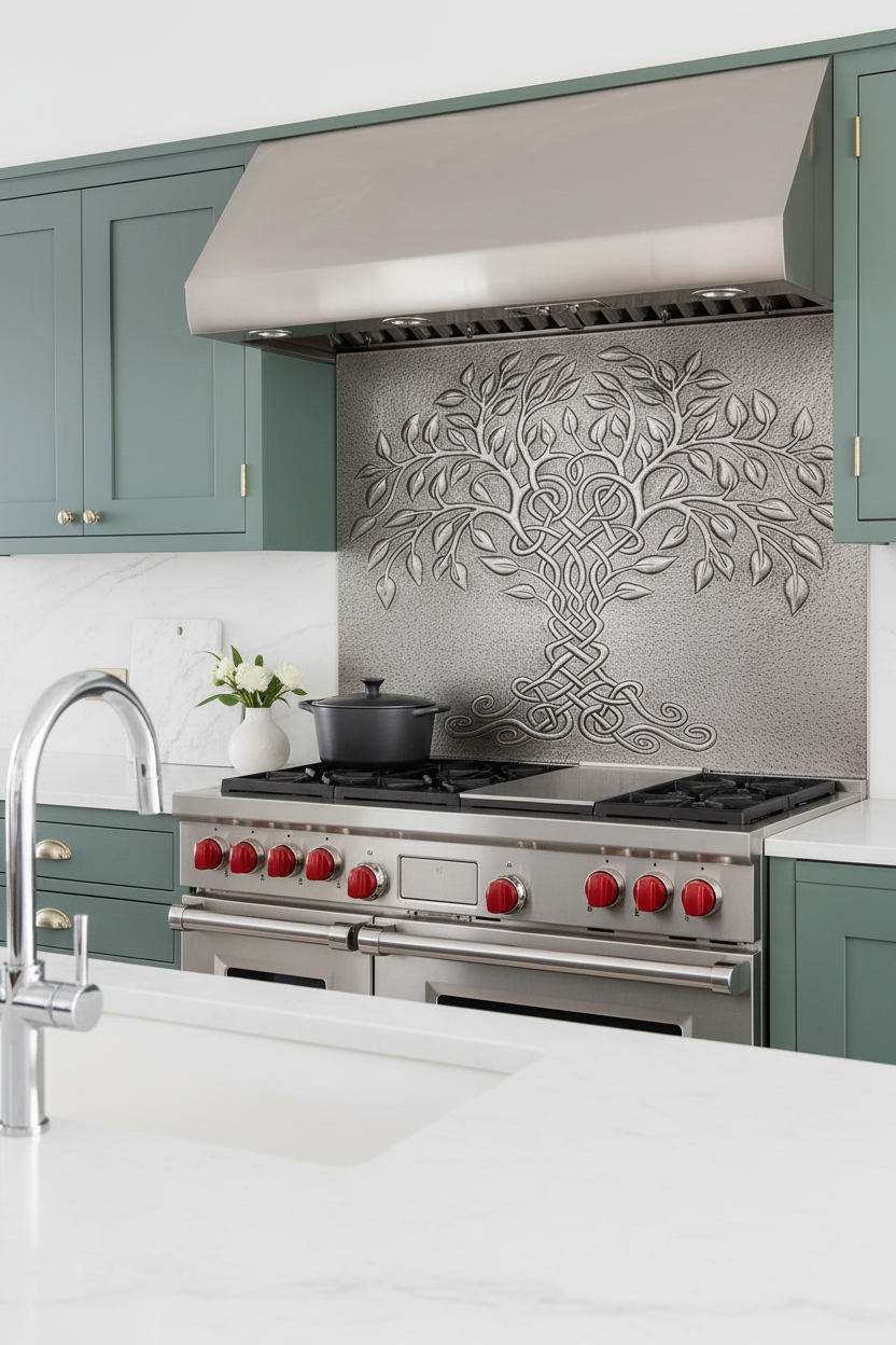 Tree of Life Silver Finish Copper Backsplash in Modern Luxe Kitchen with Charcoal Cabinets