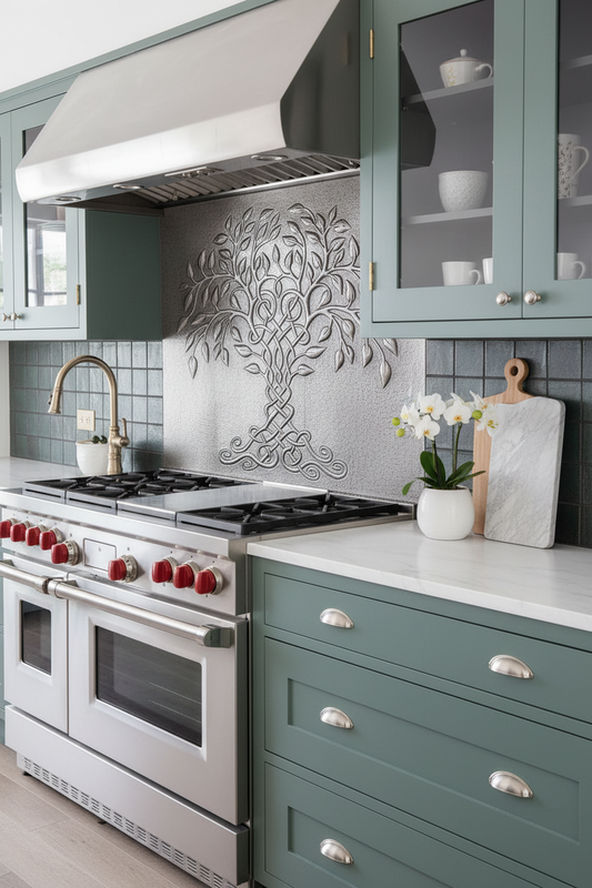 Tree of Life Silver Finish Copper Kitchen Backsplash in Elegant Transitional Style
