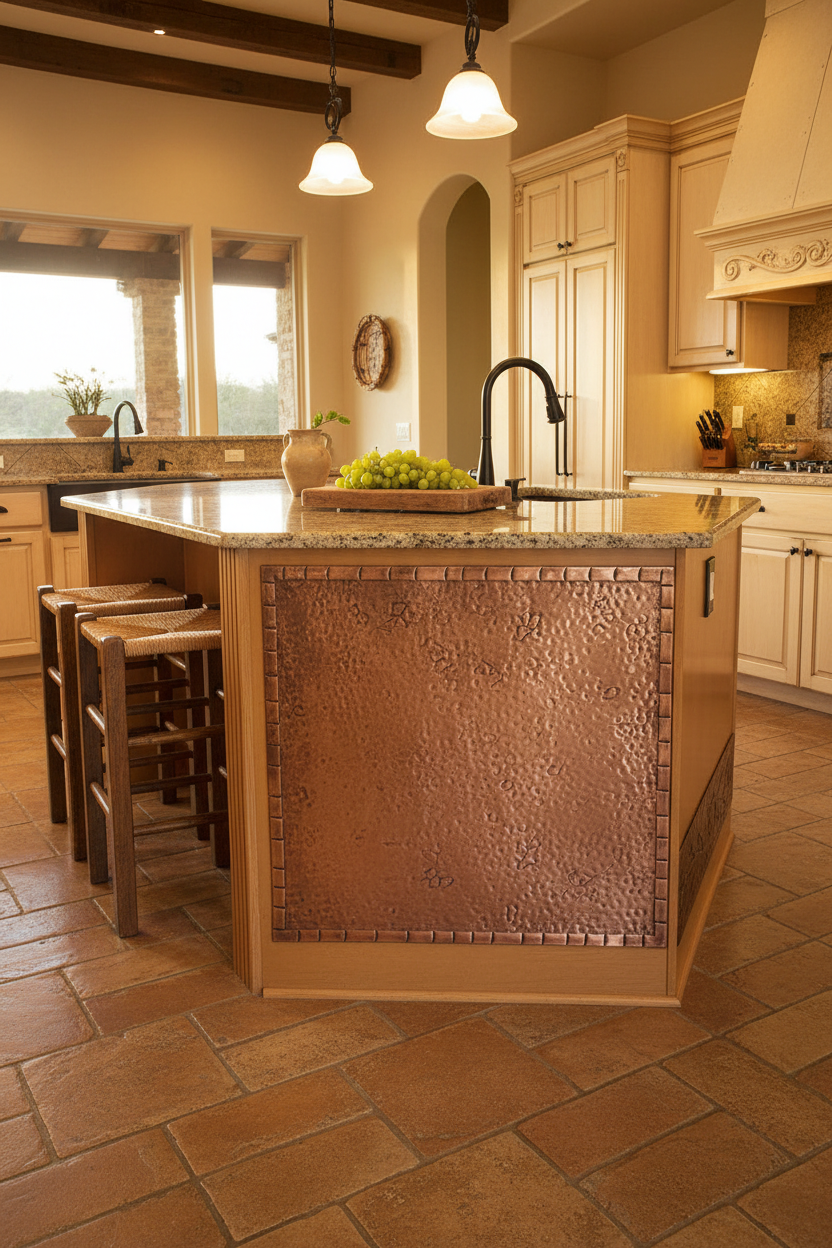 Tuscan Villa Copper Kitchen Island Panel Insert with Travertine Countertops and Rustic Stools