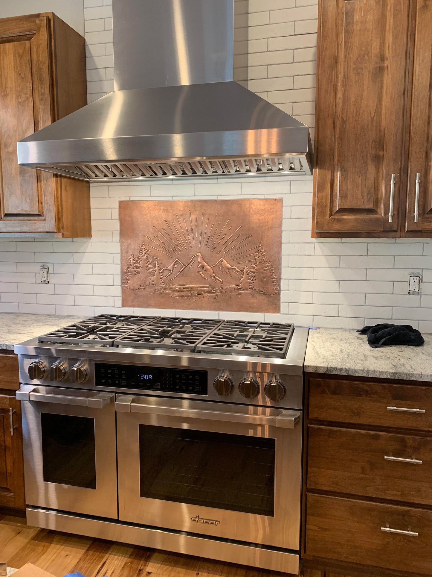 Rising Sun Behind Mountains Kitchen Backsplash Tile - 30"x40" Copper