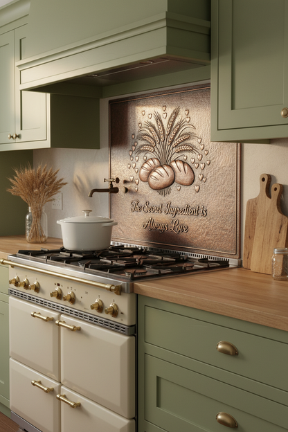 Vintage Farmhouse Custom Quote Copper Backsplash with Bread Wheat and Love Hearts