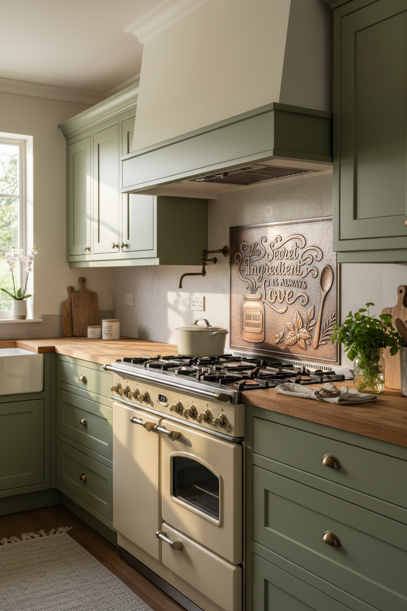 Vintage Farmhouse The Secret Ingredient is Always Love Copper Backsplash with Sage Green Cabinets