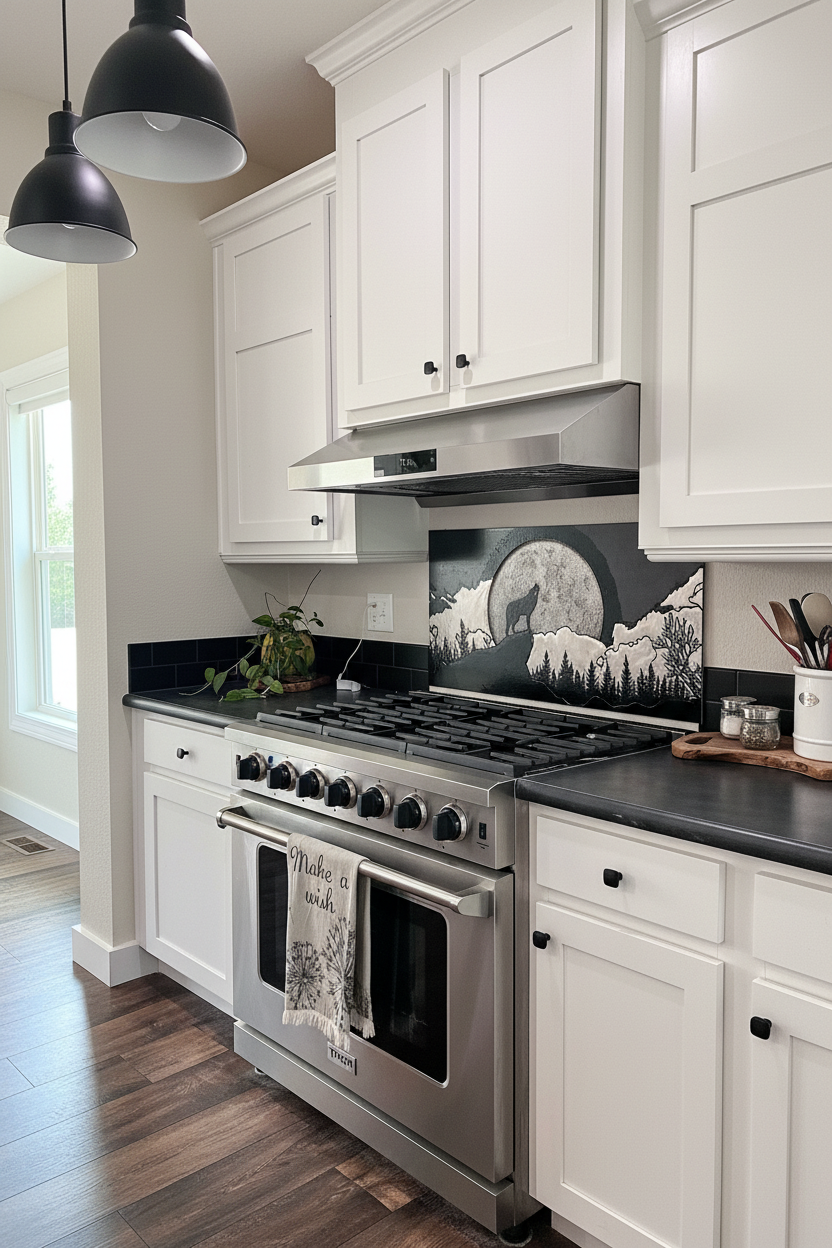 Wide Kitchen Backsplash Howling Wolf Scene - modern rustic kitchen
