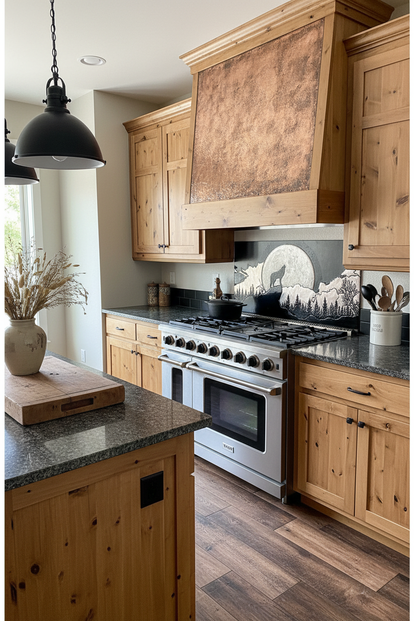 Wide Kitchen Backsplash Howling Wolf Scene - rustic lodge kitchen