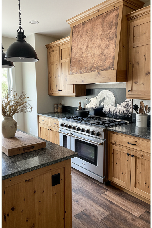 Wide Kitchen Backsplash Howling Wolf Scene - rustic lodge kitchen