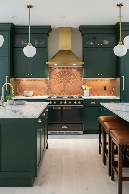 Wide Kitchen — Dark Green, Horizontal Brown Copper Panels