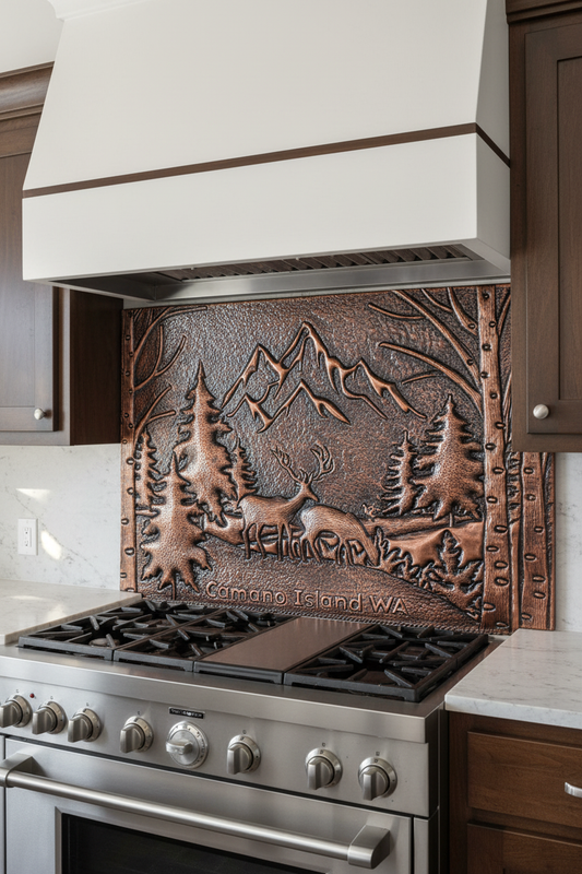 Wilderness Whisper Mountain Deer Backsplash - close-up front view