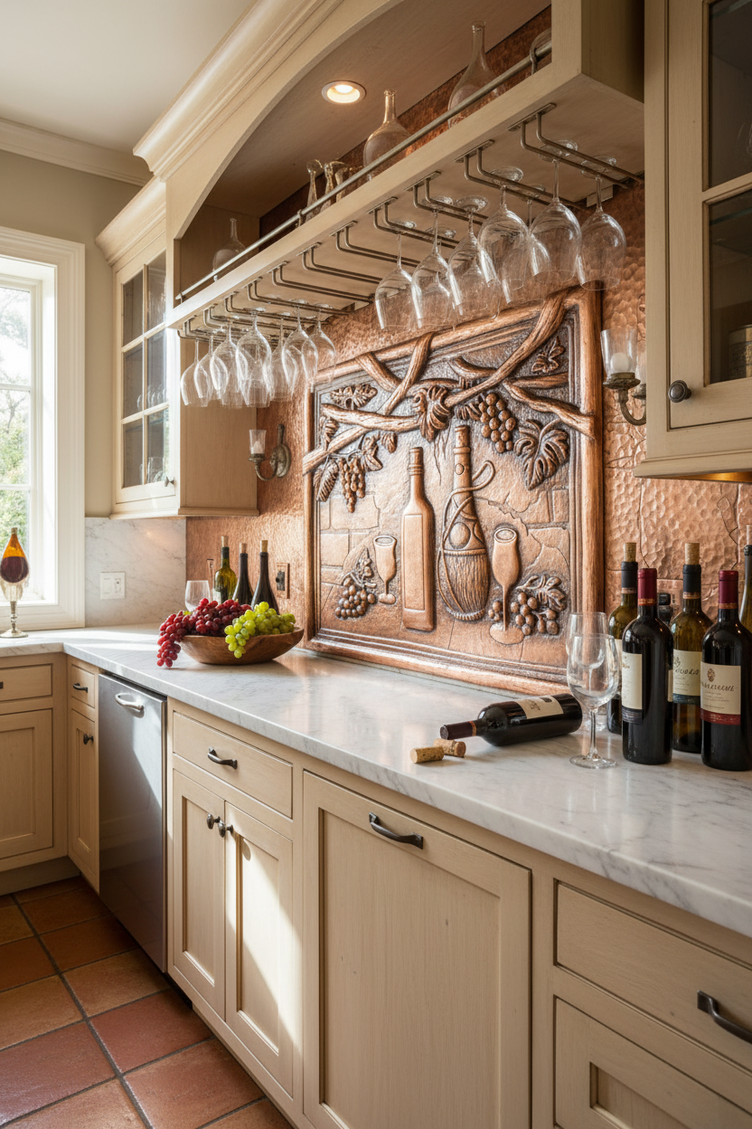 Wine & Grapevine Natural Copper Bar Backsplash in Italian Trattoria