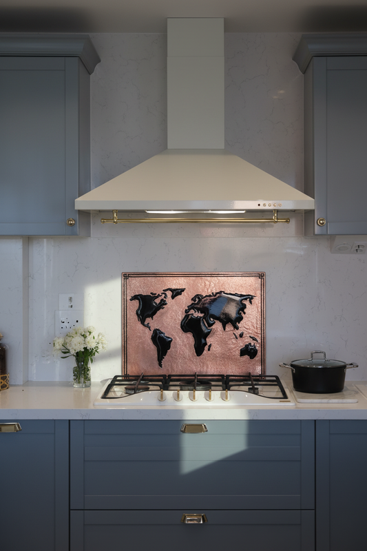 World Map Copper & Black Backsplash in Modern Luxe Kitchen with Charcoal Cabinets