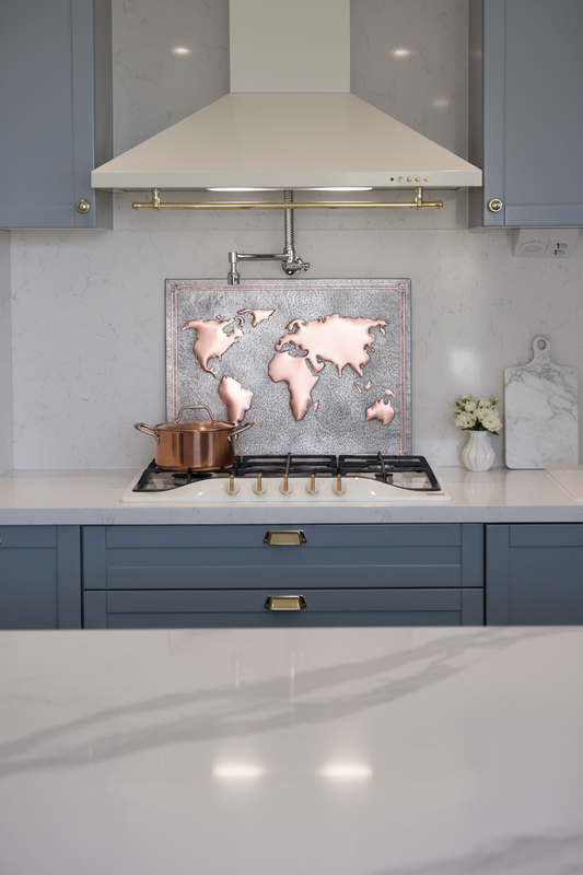 World Map Gray & Copper Backsplash in Modern Luxe Kitchen with Charcoal Cabinets